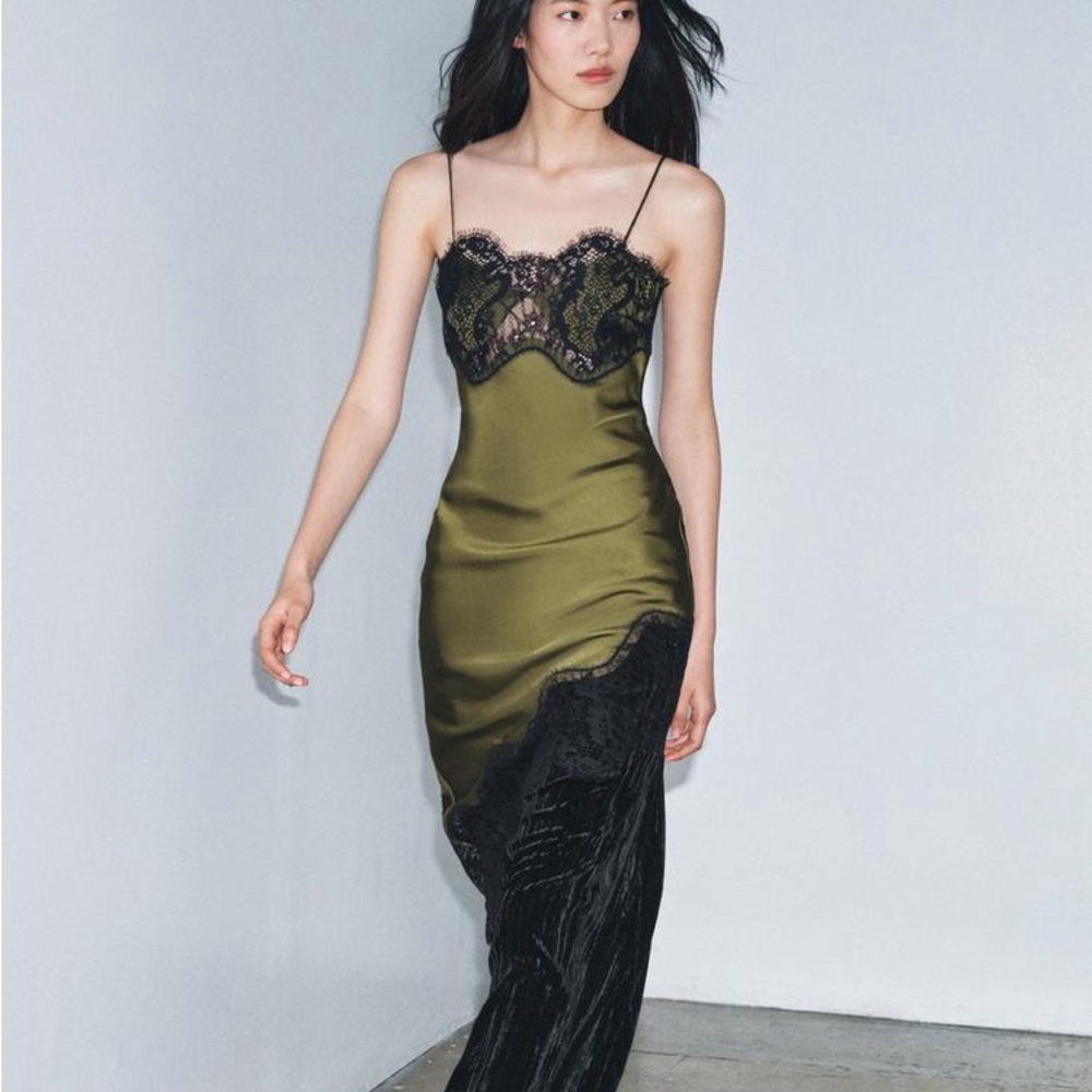 Zara Olive Green Slip Dress with Black Lace
